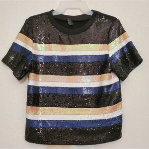 Forever 21 Striped Sequined Glam Boxy Night Out Festive Crew Neck Tee Shirt